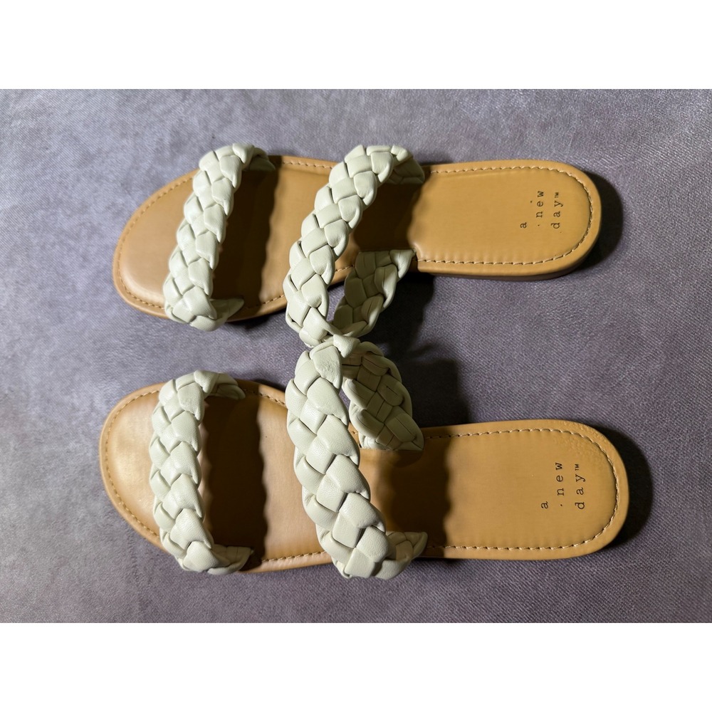 A New Day Womens Braided Slide Sandals Cream Off White Flat Slip On Shoes 9.5 - Picture 3 of 7